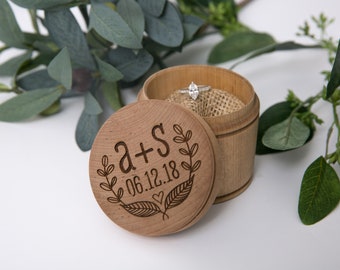 Wood Ring Bearer Pillow Box | Engraved with Leaves Initials and Date | Personalized