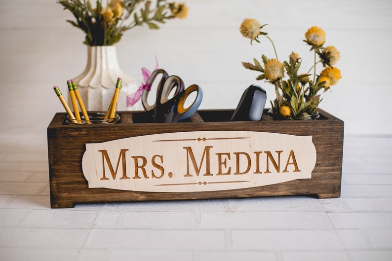 Personalized Teacher Gift Wood Planter Desk Organizer Teacher Name Sign Teacher Appreciation Name Plate Custom Engagement Gift image 1