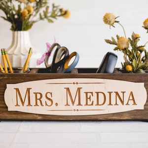 Personalized Teacher Gift Wood Planter Desk Organizer Teacher Name Sign Teacher Appreciation Name Plate Custom Engagement Gift image 2