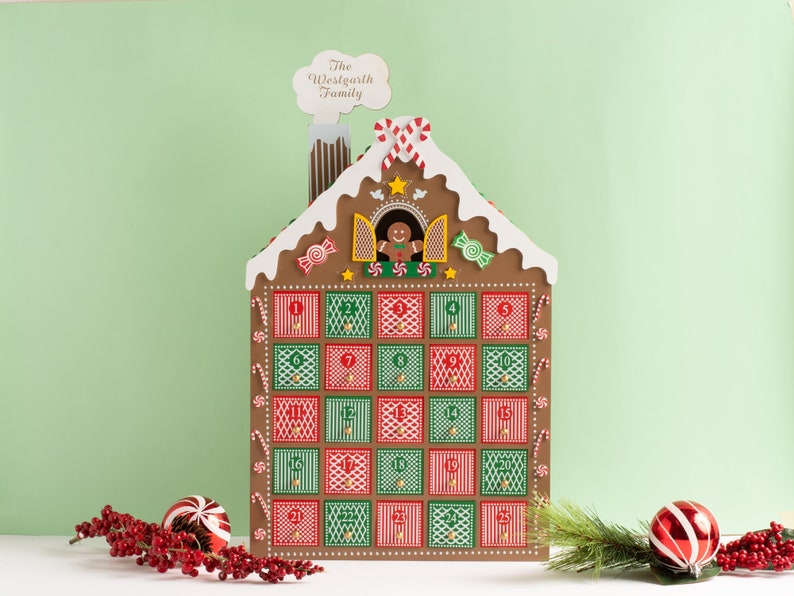 Gingerbread House Advent Calendar Christmas Countdown Candy Cane Personalized Name Family image 1