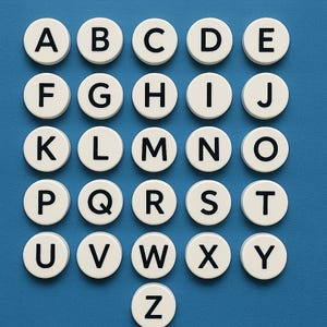 Può includere: Una griglia di tessere circolari bianche, ciascuna con una lettera maiuscola nera dell'alfabeto inglese, disposte su uno sfondo blu uniforme. Le lettere sono chiaramente stampate e uniformemente distanziate.
