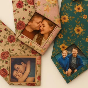 Puede incluir: Primer plano de tres corbatas personalizadas con estampados florales y fotografías enmarcadas. Las corbatas presentan imágenes de parejas y familias. Los estampados florales incluyen rosas rojas, flores amarillas y hojas verdes.