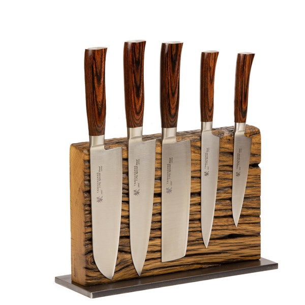 Knife block magnetic for 5 knives, oak, upcycling product