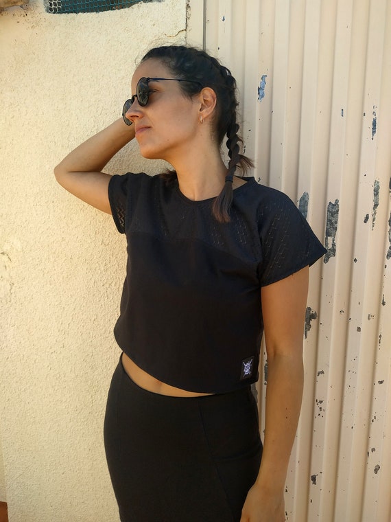 Black Perforated Crop Top Totally Black Crop Top Transparent Shirt Dark Top Sexy Women Clothes Free Calm Short Sleeve Streetwear Etsy Canada