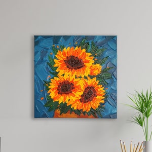 テクスチャのある青い背景にひまわり「Соняшники」 - キャンバスにアクリル 30 x 30 cm - ウクライナ支援