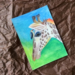 Watercolor painting postcard Giraffe with bird