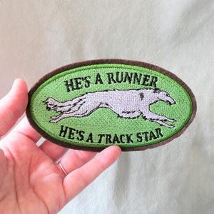 Hes a Runner Hes a Track Star Borzoi Embroidered Patch Iron on Sighthound dog sports silken