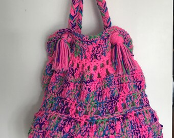 Gran bolsa de mano multicolor de neón / Shopper tejido a mano