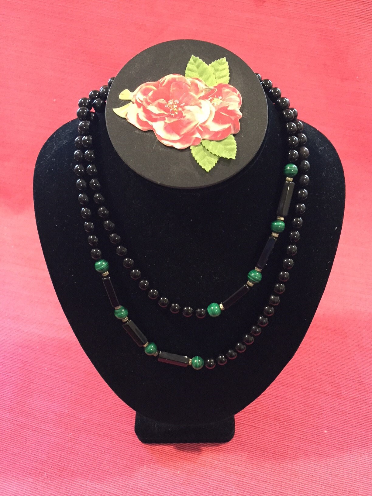 Opera Length Black Onyx and Malachite Necklace, 8mm Beads on Black Cord