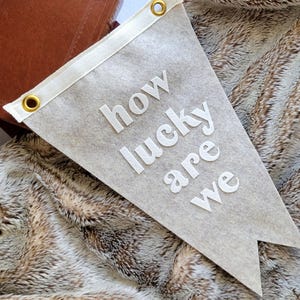 May include: A light gray felt pennant banner with the words "how lucky are we" in white block letters. The banner has a white ribbon and gold grommets. The banner is resting on a faux fur blanket.