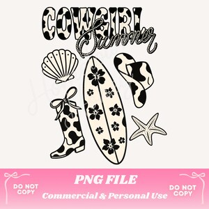 Cowgirl Sommer Surfbrett PNG | Kuh Druck Western Strand Clipart | Küsten Cowgirl Sublimationsdesign für Shirts, Aufkleber & Cricut Crafts