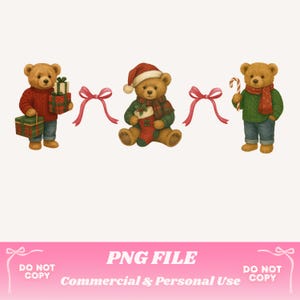 Conjunto de imágenes prediseñadas de oso polo navideño vintage con lazo PNG/Oso de peluche navideño para sublimación, tarjetas, camisetas, etiquetas, decoración de invierno/descarga digital