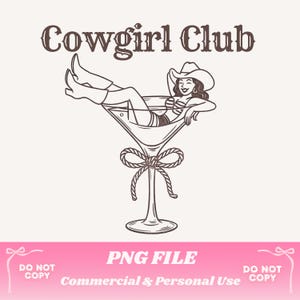 Clube Cowgirl PNG | Design de Taça de Martini Cowgirl Retrô | Clipart de Despedida de Solteira de Férias no Oeste | Camiseta de Rodeio Retrô com Gráfico de Corda Coquete