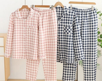 Conjunto de pijama de pareja de algodón a cuadros rosa | Pijamas de boda | Cálido Servicio a Domicilio | Conjunto de pijama Mujer | Regalos para jóvenes | Ropa de estar por casa de invierno