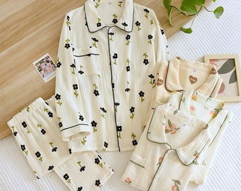 Cute Flower Cotton Pajama Set | Woman Sleepwear, Loungewear | Bachelor Party | Women Pjs | Spring Summer Pajama Set Women | Gifts for Young