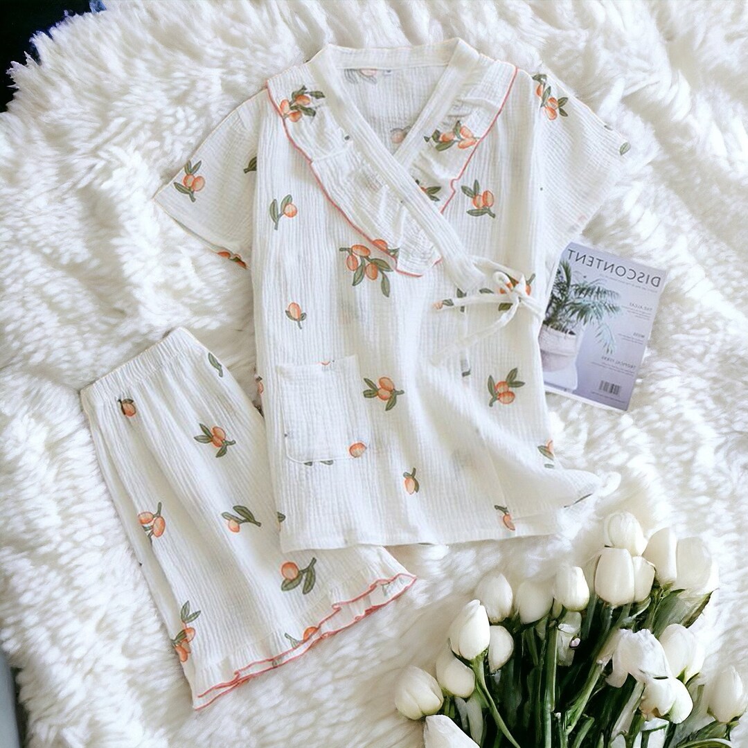 Cotton Kimono Pajamas Set, Japanese Robe and Short Pants, Summer Cute