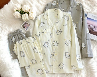 Cute Couple Pajama, Pajama Set Women / Men, Bridal Party Pajamas, Cartoon Bear Print Pajamas, Gifts For Her, Spring and Fall Pajama Set