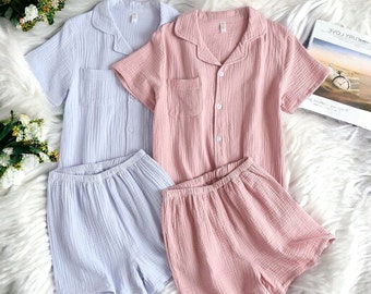 Pure Cotton Women Pajama Set, Couple Pajamas, Comfy Sleepwear and Loungwear, Spring and Summer Pajama Set, Short Sleeve and Shorts