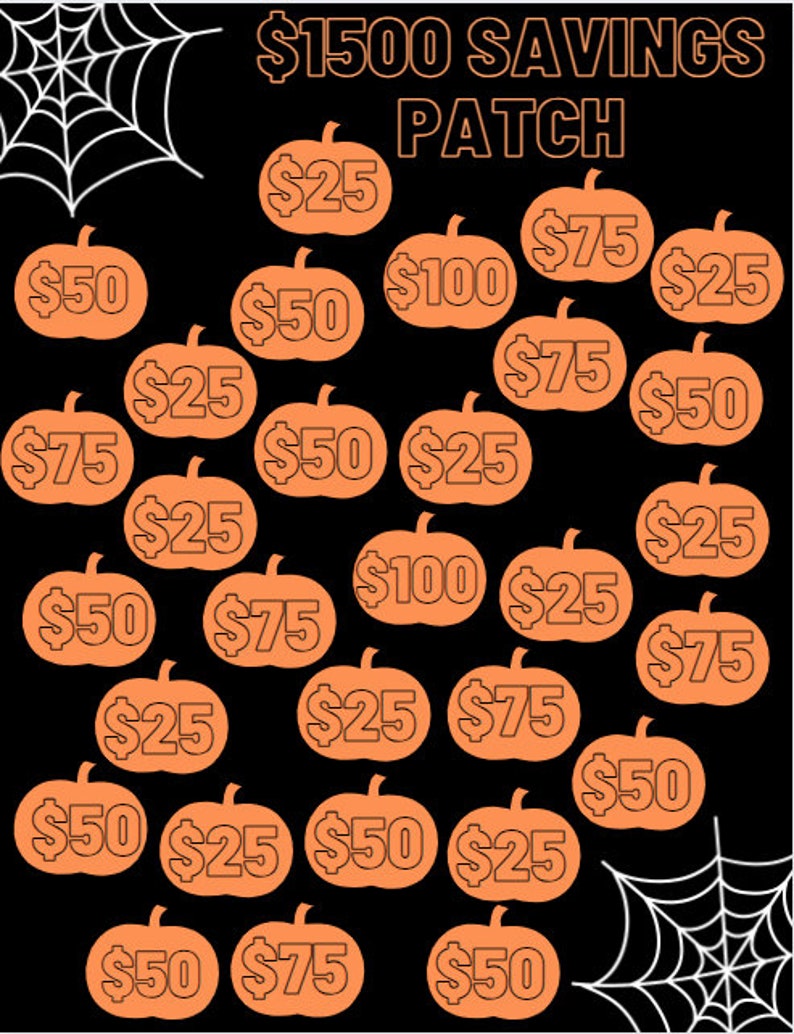 May include: A black background with a white spiderweb in the top left corner and a white spiderweb in the bottom right corner.  The background is filled with orange pumpkin-shaped outlines with dollar amounts inside.  The text "$1500 SAVINGS PATCH" is at the top of the image.