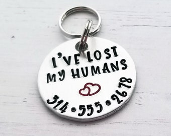 May include: Silver dog tag with black text that reads "I've lost my humans" and a phone number "314-555-2678". Two red hearts are above the phone number.