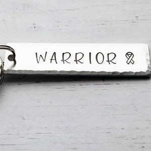 Warrior, Cancer Keychain, Cancer Survivor Keychain, Keychain for Sister, Keychain for Mom, Cancer Ribbon, Awareness Keychain, Hand Stamped