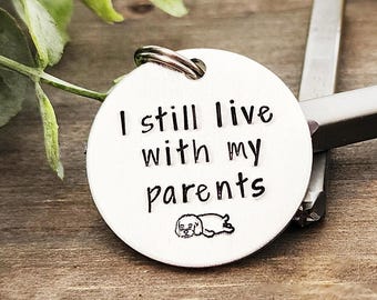 Médaille pour chien amusante personnalisée, je vis toujours avec mes parents, carte d'identité pour animal de compagnie, estampée à la main