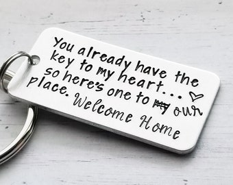 Key to Our Home Keychain, Our First Home keychain, Moving in Together Keychain, New Apartment Gift, Handstamped, First Home Keychain