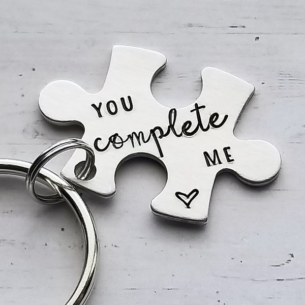 You Complete Me, Couples Keychain, Anniversary Gift, BFF Keychain, Wedding Gift, Puzzle Piece,Gift for Her, Gift for Boyfriend, Hand Stamped