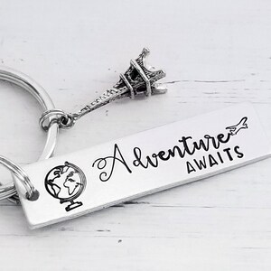 Adventure Awaits Keychain with Charm, Retirement Keychain, Travel Keychain, New Driver Gift, RV Keychain, Retirement Gift,Hand Stamped