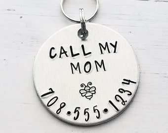 Dog Tag, Custom Pet ID, Call My Mom, Personalized, Hand Stamped