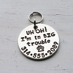 Dog Tag For Dogs, Dog ID Tag, Dog Name Tag,  Dog Tag for Collar, Uh Oh! I'm in BIG trouble, Name Tag for Dog, Pet ID Tag, Hand Stamped