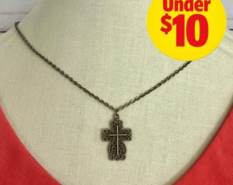 Dark Gold Filigree Cross Pendant Necklace, Small bronze Crucifix Charm on 18" Chain