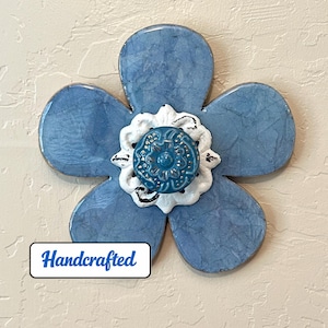 Denim Blue Wood Flower Wall Decor: Epoxy, Distressed Metal, Ceramic Knob (7" Diameter)