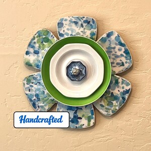 Handcut Wood Flower Wall Decor: Bright Blue Green & White with Gloss Epoxy and Glass Knob. Indoor upcycled Art