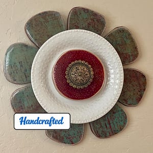 Handcrafted Wood Floral Wall Decor, Burnt Orange, Patina Green, Bronze Accents, 12" Diameter