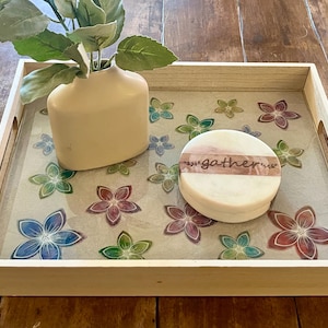 Whitewashed wood tray with jewel tone Flowers / Wood Serving tray or Coffee Table tray