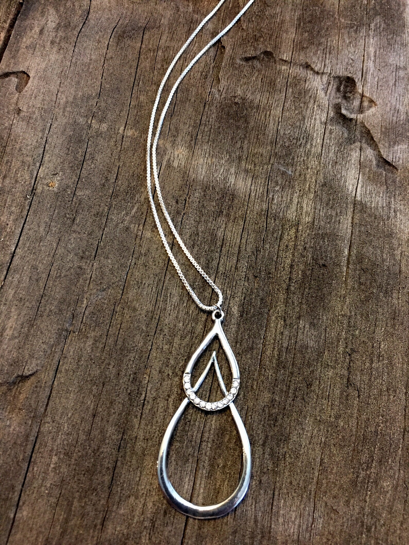 Double Teardrop Silver Necklace With Rhinestones Etsy UK