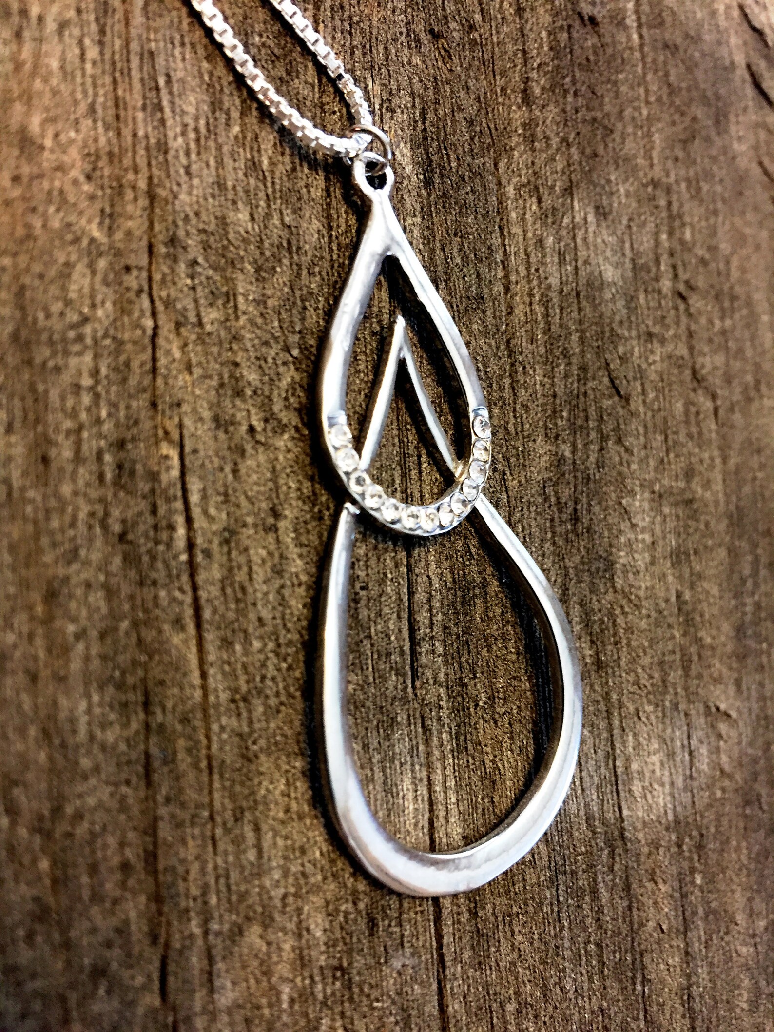 Double Teardrop Silver Necklace With Rhinestones - Etsy UK