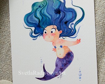 Blue Baby Mermaid, Watercolor Drawing, Art Print, 5x7, Illustration