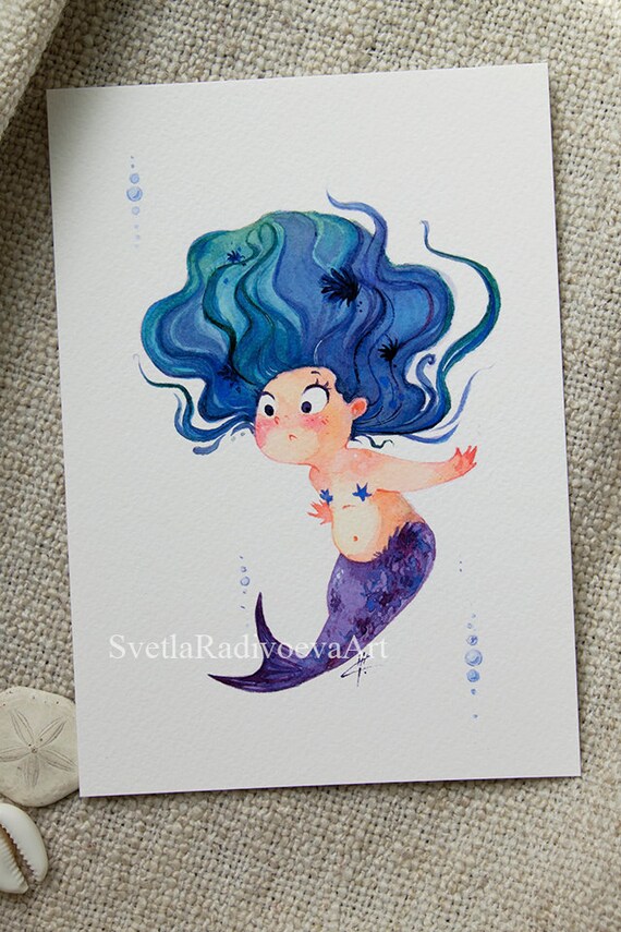 Bleu Bebe Sirene Dessin Aquarelle Art Print 5 X 7 Etsy