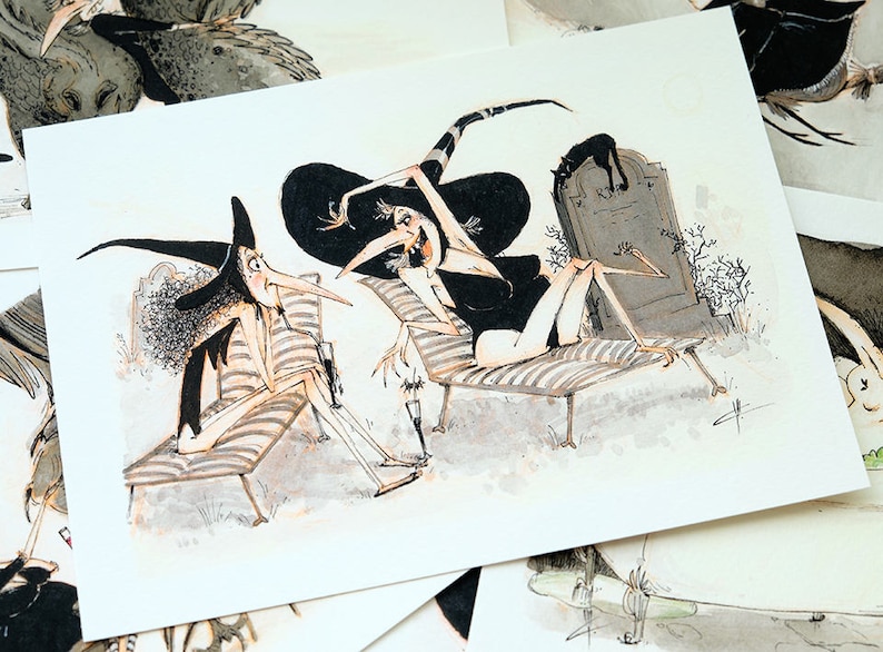 5x7 Illustration Art Print Gosips with Mimosas Drawing Inktober 2017