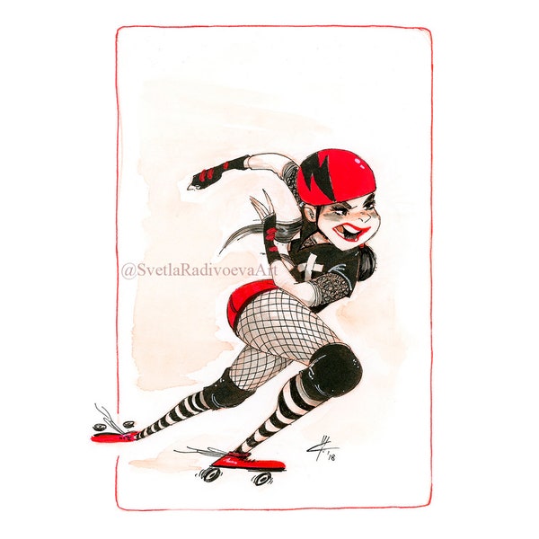 Speederella Roller Derby Girl, Illustration, Drawing, Inktober 2018, Art Print, 5x7