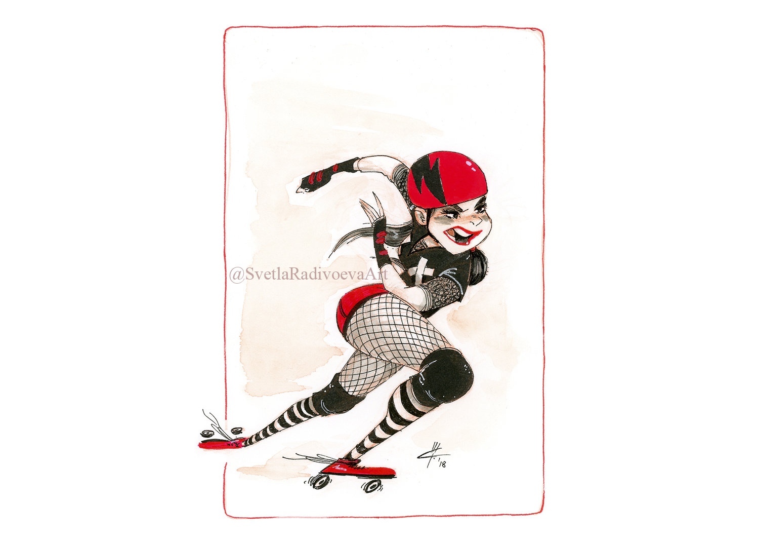 Speederella Roller Derby Girl, Illustration, Drawing, Inktober 2018, Art  Print, 5x7 