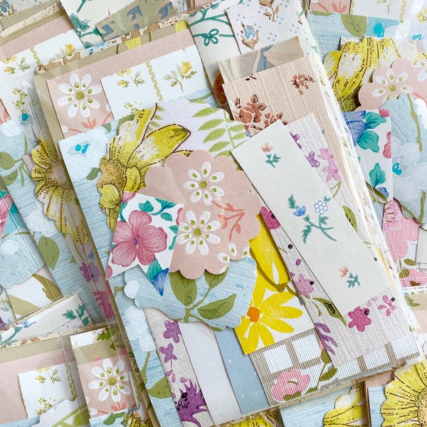 Floral Vintage Wallpaper scrap pack- vintage wallpaper border, flowers, pastels, midcentury, 1940s, 1950s, 1960s, 1970s, 1980s