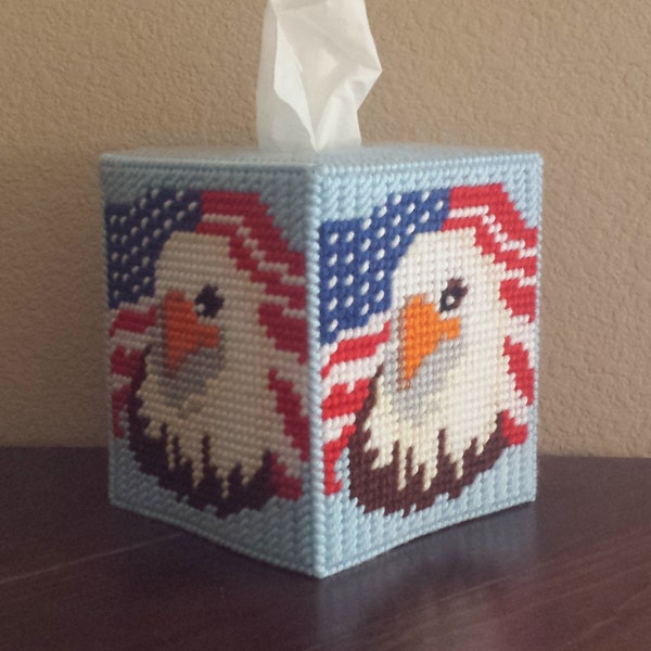Patriotic 4th of July American Flag Eagle Freedom Holiday Handmade Plastic Canvas Tissue Box Cover