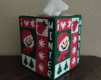 Winter Holiday Snowman Season Handmade Plastic Canvas Tissue Box Cover