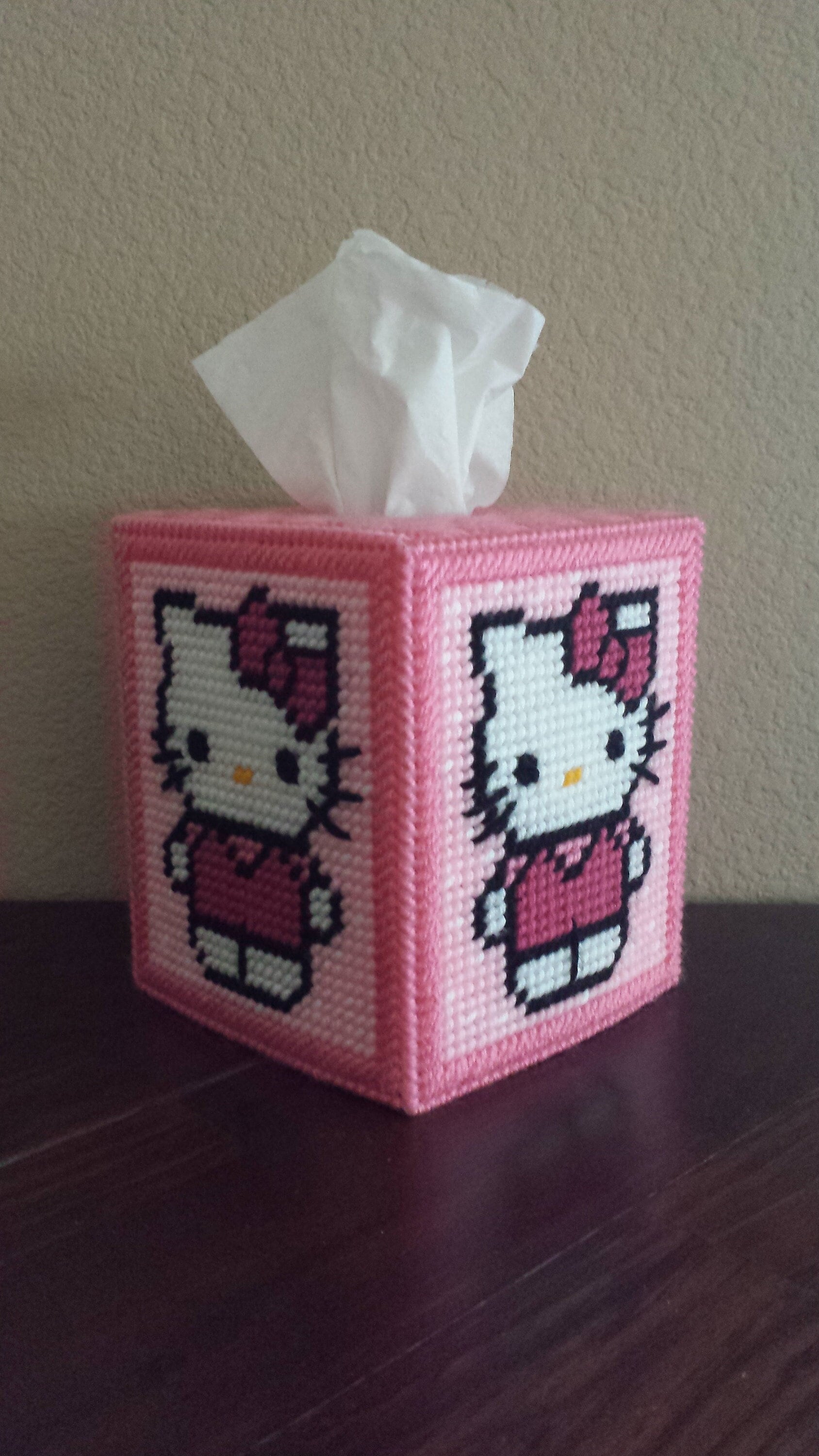 Kitty Cartoon Cat Classic Handmade Plastic Canvas Tissue Box Cover