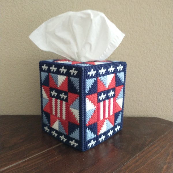Patchwork Patriotic Quilt Red White Blue 4th of July Handmade Plastic Canvas Tissue Box Cover