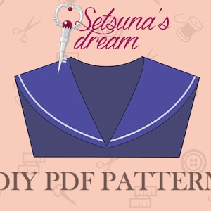 Könnte beinhalten: Ein DIY PDF-Muster für einen Matrosenkragen mit weißem Besatz. Das Muster heißt "Setsuna's Dream".