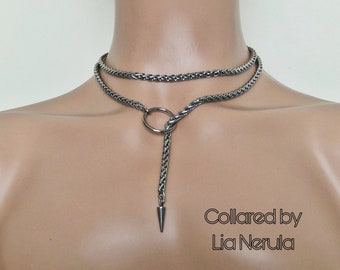 Stainless Steel Slip Chain Lariat Necklace: O-Ring Spike Choker Lead Collar